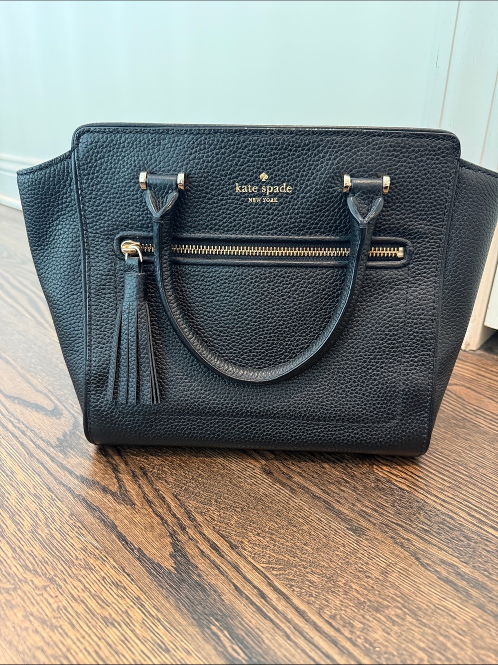 kate spade Black Pebbled Leather Satchel with Tassel and Gold Hardware